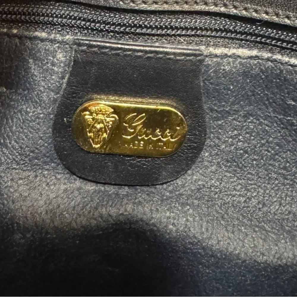 Vintage Gucci GG Monogram Shoulder Bag Navy Leather Trim | Unused 1970s